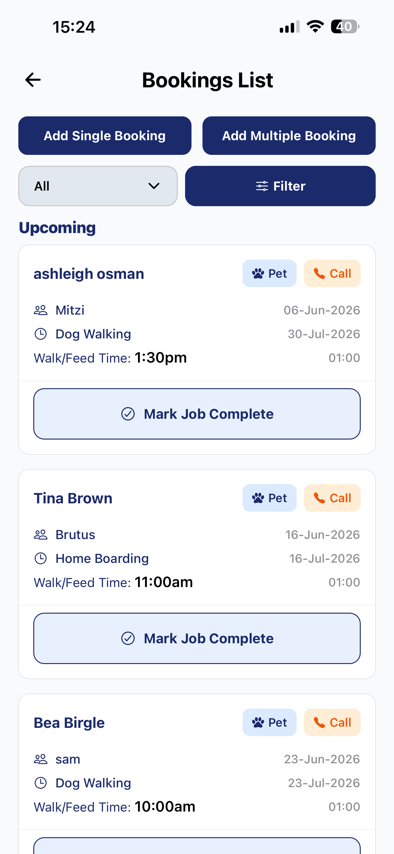 NarpsUK app bookings list screen