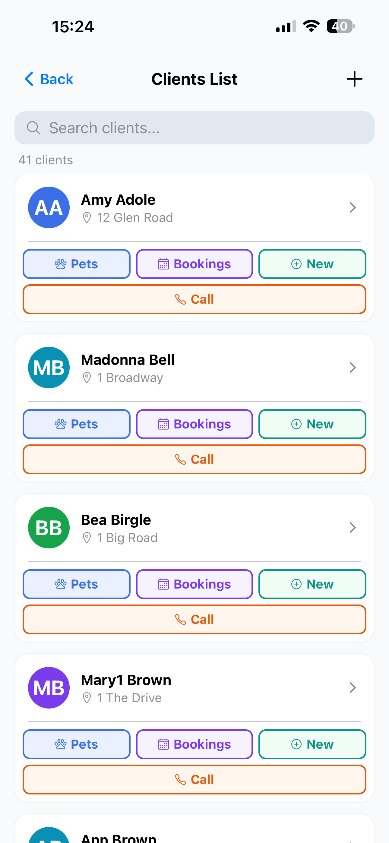 NarpsUK app clients list screen