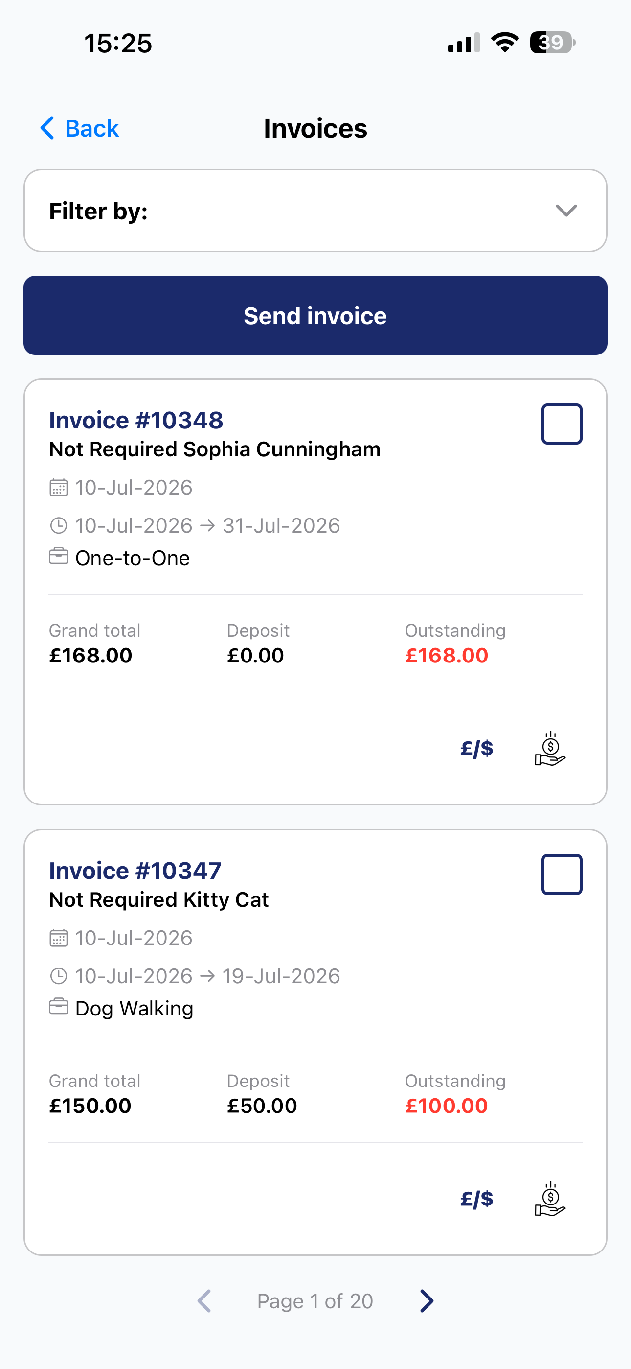 NarpsUK app invoices screen