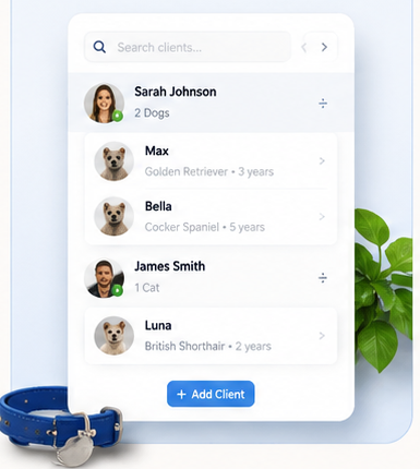 Client and pet profiles list in the NarpsUK app
