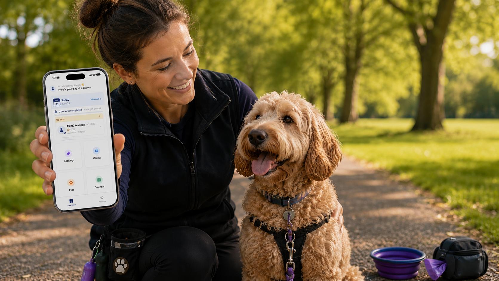 Professional pet sitter using a pet sitting app to share a real-time update with a client after walking a dog in a UK park