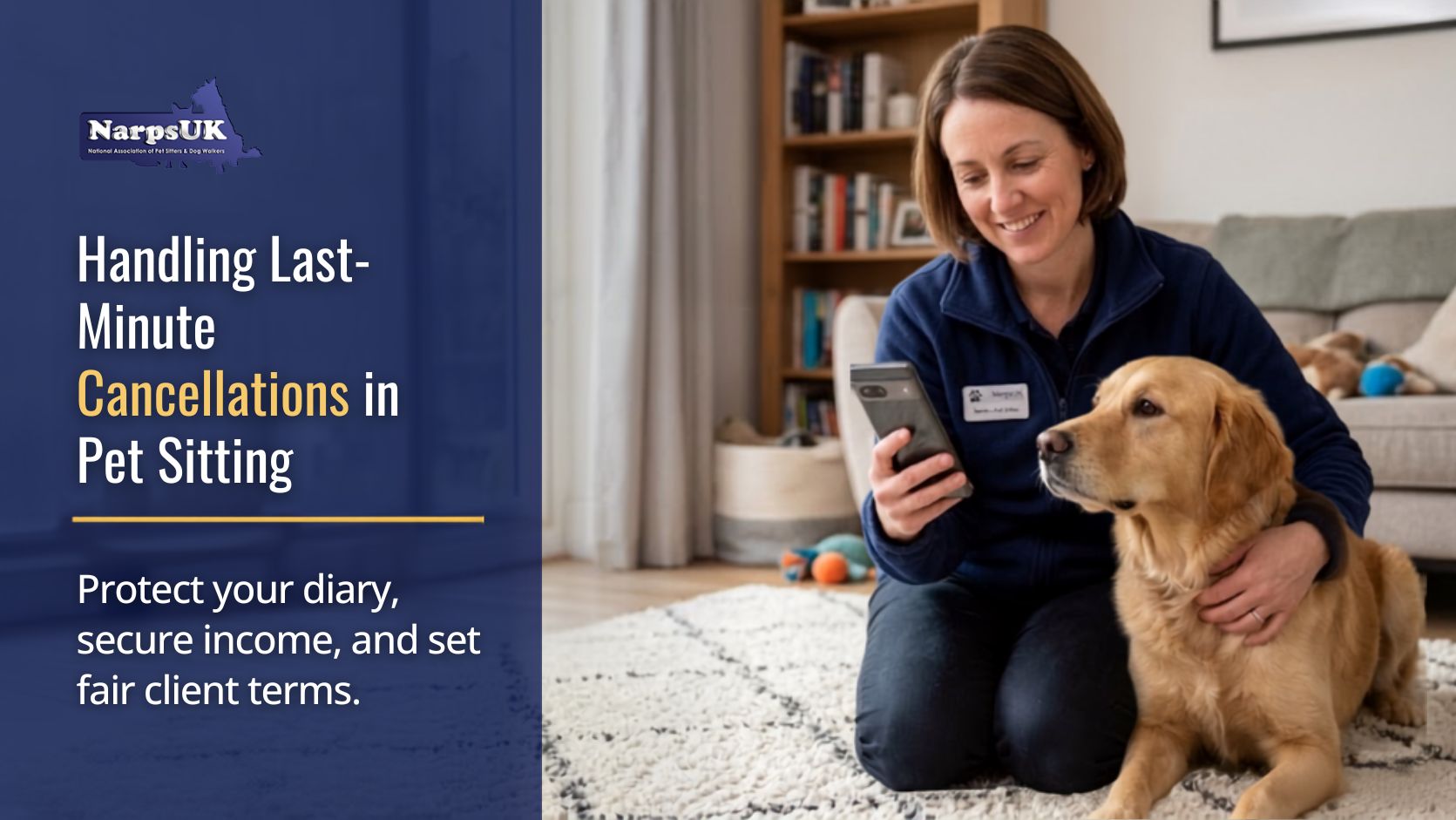 Professional pet sitter managing a last-minute booking cancellation while caring for a dog