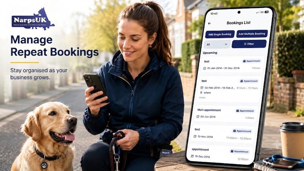 Pet sitter using pet sitting software to manage repeat bookings on a smartphone
