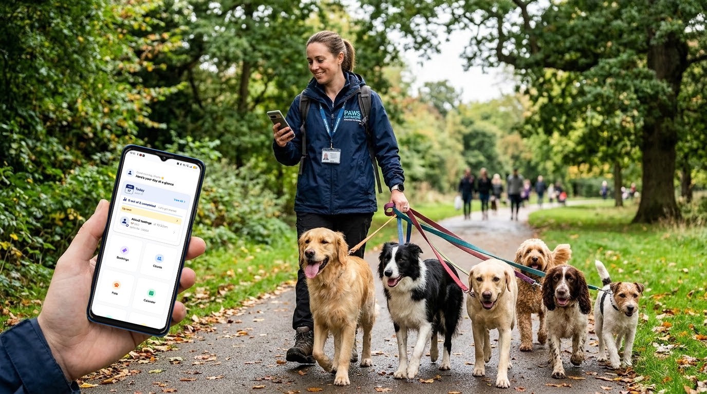 UK dog walker using a pet sitting app to manage bookings and client schedules