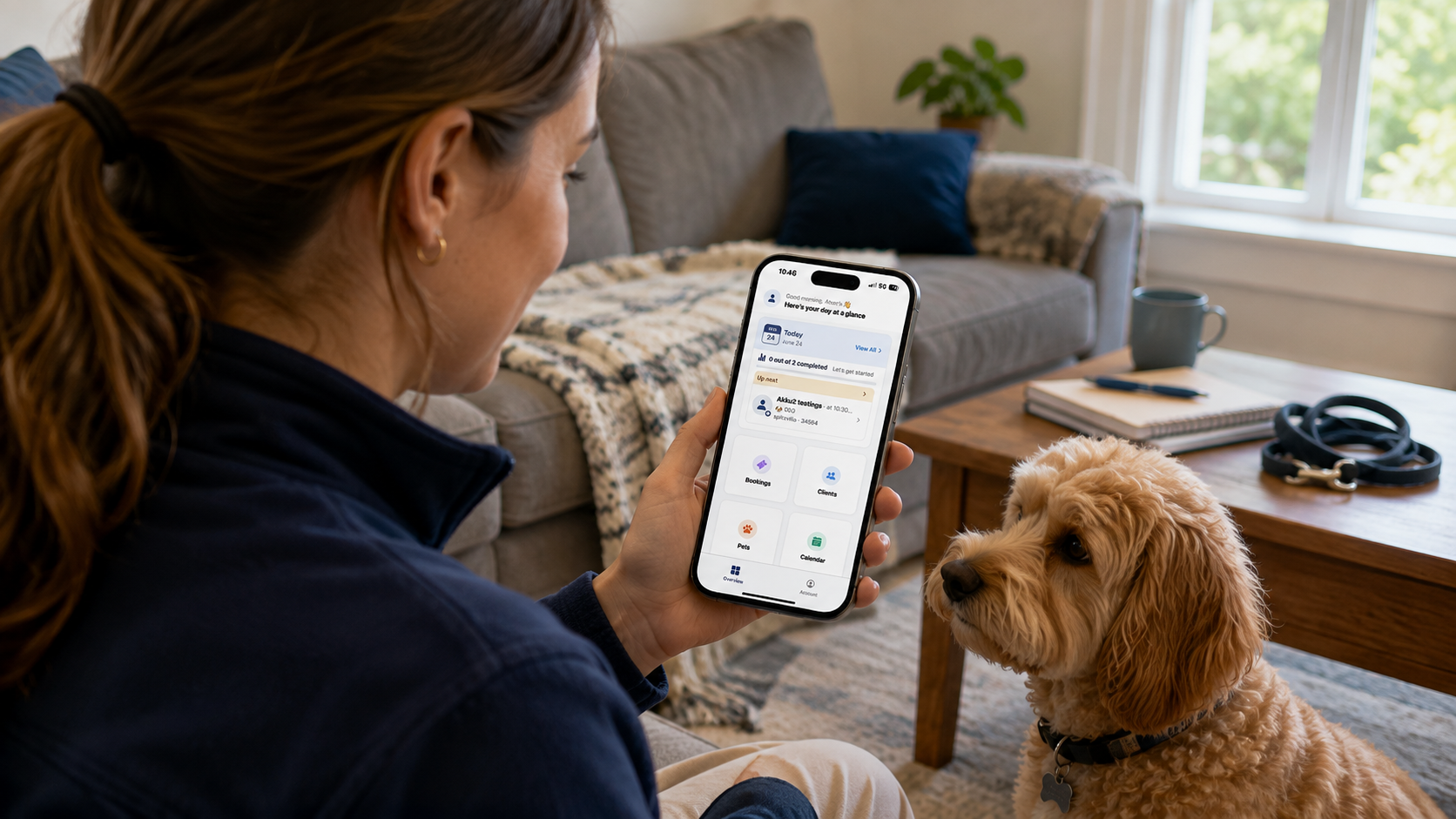 Pet sitter accessing emergency pet information on a mobile app