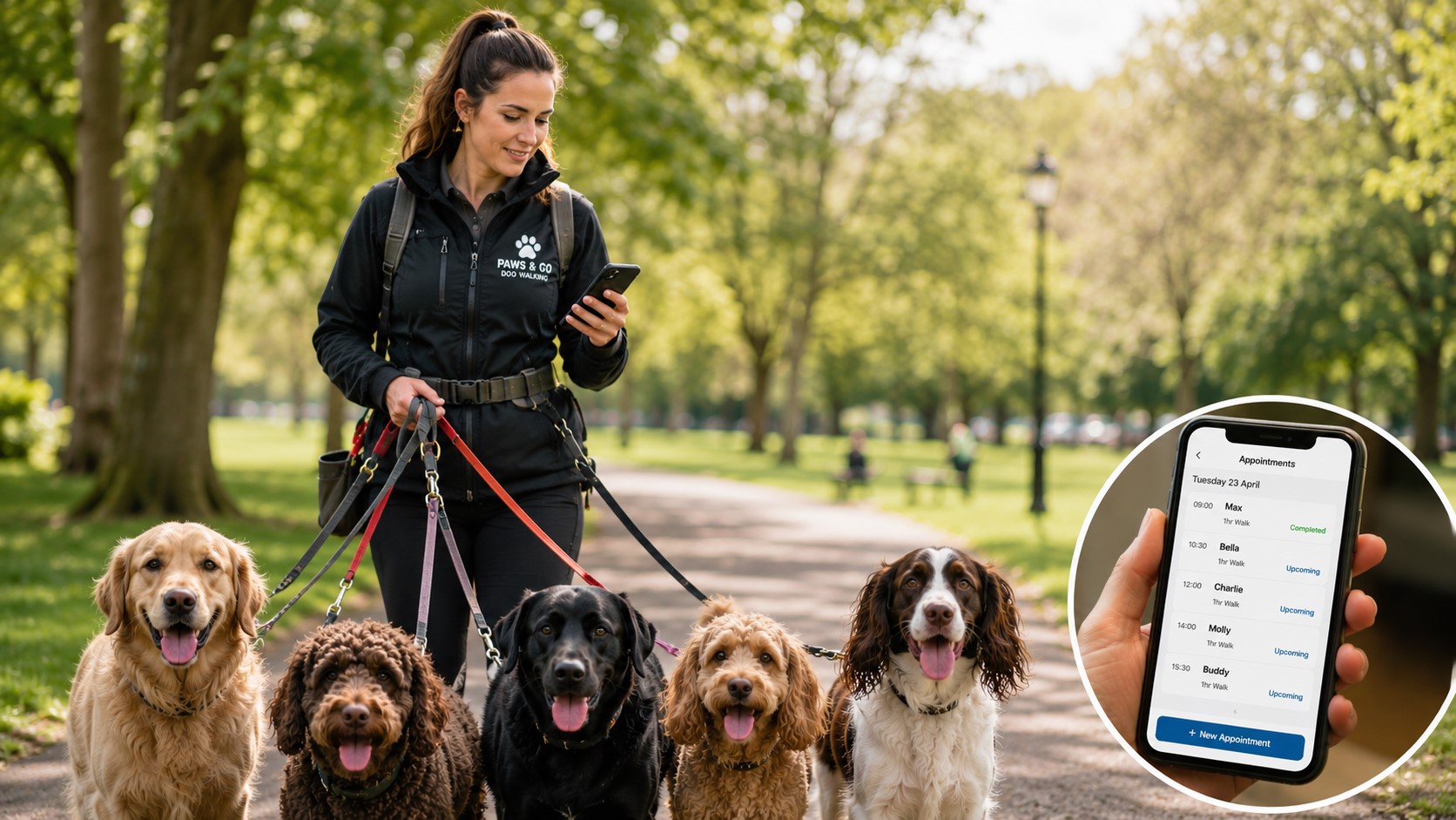 professional UK dog walker managing dogs and business responsibilities
