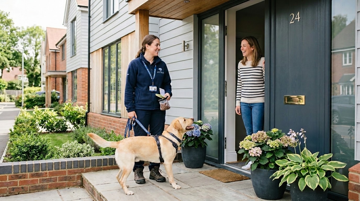 pet owner meeting professional dog walker before dog walking service in the UK